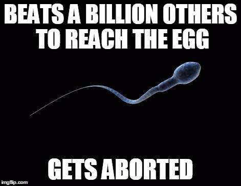 Bad Luck Sperm | BEATS A BILLION OTHERS TO REACH THE EGG GETS ABORTED | image tagged in bad luck sperm | made w/ Imgflip meme maker