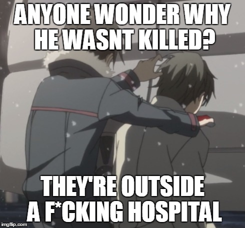 SUGUO DONT GIVE A CRAP | ANYONE WONDER WHY HE WASNT KILLED? THEY'RE OUTSIDE A F*CKING HOSPITAL | image tagged in suguo,sao,kirito | made w/ Imgflip meme maker