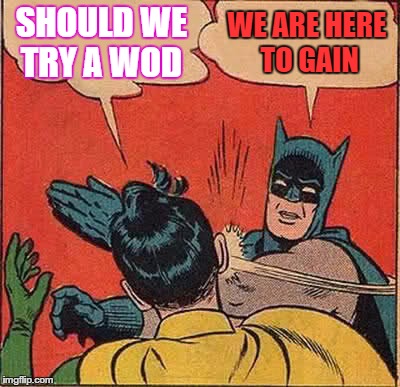Batman Slapping Robin Meme | SHOULD WE TRY A WOD WE ARE HERE TO GAIN | image tagged in memes,batman slapping robin | made w/ Imgflip meme maker