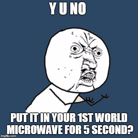 Y U No Meme | Y U NO PUT IT IN YOUR 1ST WORLD MICROWAVE FOR 5 SECOND? | image tagged in memes,y u no | made w/ Imgflip meme maker