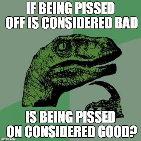 Philosoraptor | IF BEING PISSED OFF IS CONSIDERED BAD IS BEING PISSED ON CONSIDERED GOOD? | image tagged in memes,philosoraptor | made w/ Imgflip meme maker