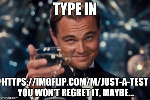 Just Do It... | TYPE IN HTTPS://IMGFLIP.COM/M/JUST-A-TEST YOU WON'T REGRET IT, MAYBE... | image tagged in memes,leonardo dicaprio cheers,imgflip | made w/ Imgflip meme maker