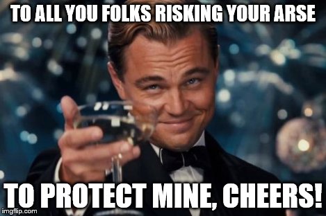 Leonardo Dicaprio Cheers Meme | TO ALL YOU FOLKS RISKING YOUR ARSE TO PROTECT MINE, CHEERS! | image tagged in memes,leonardo dicaprio cheers | made w/ Imgflip meme maker