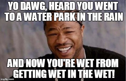 Yo Dawg Heard You Meme | YO DAWG, HEARD YOU WENT TO A WATER PARK IN THE RAIN AND NOW YOU'RE WET FROM GETTING WET IN THE WET! | image tagged in memes,yo dawg heard you | made w/ Imgflip meme maker