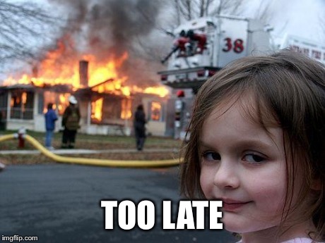 Disaster Girl Meme | TOO LATE | image tagged in memes,disaster girl | made w/ Imgflip meme maker