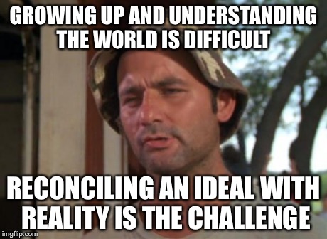 So I Got That Goin For Me Which Is Nice Meme | GROWING UP AND UNDERSTANDING THE WORLD IS DIFFICULT RECONCILING AN IDEAL WITH REALITY IS THE CHALLENGE | image tagged in memes,so i got that goin for me which is nice | made w/ Imgflip meme maker