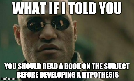 Matrix Morpheus Meme | WHAT IF I TOLD YOU YOU SHOULD READ A BOOK ON THE SUBJECT BEFORE DEVELOPING A HYPOTHESIS | image tagged in memes,matrix morpheus | made w/ Imgflip meme maker
