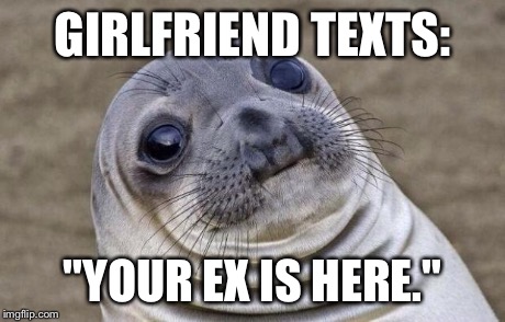 Awkward Moment Sealion Meme | GIRLFRIEND TEXTS: "YOUR EX IS HERE." | image tagged in memes,awkward moment sealion | made w/ Imgflip meme maker