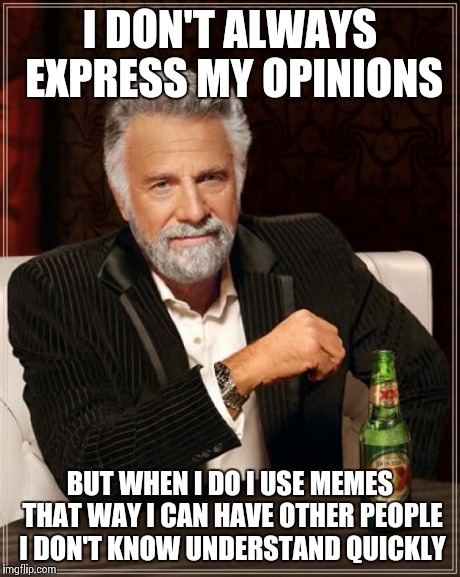 The Most Interesting Man In The World Meme | I DON'T ALWAYS EXPRESS MY OPINIONS BUT WHEN I DO I USE MEMES THAT WAY I CAN HAVE OTHER PEOPLE I DON'T KNOW UNDERSTAND QUICKLY | image tagged in memes,the most interesting man in the world | made w/ Imgflip meme maker