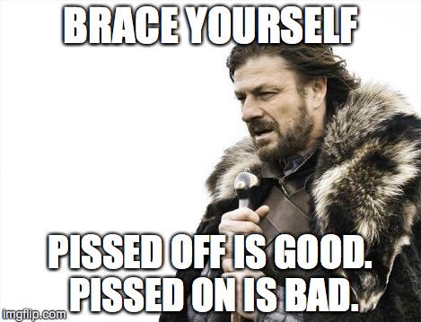 Brace Yourselves X is Coming Meme | BRACE YOURSELF PISSED OFF IS GOOD. PISSED ON IS BAD. | image tagged in memes,brace yourselves x is coming | made w/ Imgflip meme maker
