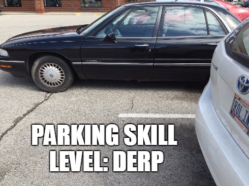 Check out that parking job! | PARKING SKILL LEVEL: DERP | image tagged in derp,parking,fail | made w/ Imgflip meme maker