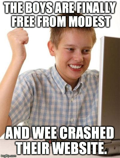 First Day On The Internet Kid | THE BOYS ARE FINALLY FREE FROM MODEST AND WEE CRASHED THEIR WEBSITE. | image tagged in memes,first day on the internet kid | made w/ Imgflip meme maker