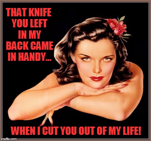 THAT KNIFE YOU LEFT IN MY BACK CAME IN HANDY... WHEN I CUT YOU OUT OF MY LIFE! | image tagged in vargas | made w/ Imgflip meme maker