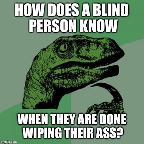 Philosoraptor | HOW DOES A BLIND PERSON KNOW WHEN THEY ARE DONE WIPING THEIR ASS? | image tagged in memes,philosoraptor | made w/ Imgflip meme maker