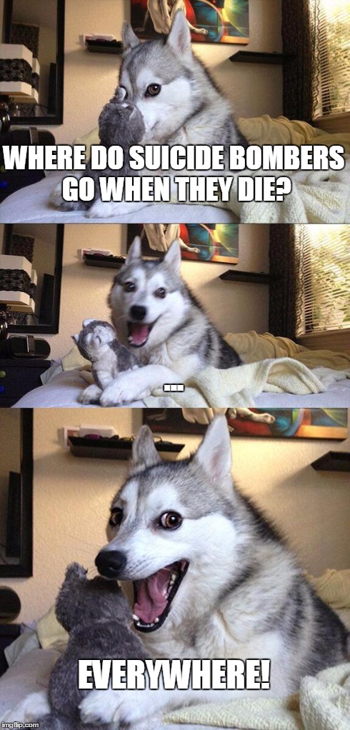 Bad Pun Dog | WHERE DO SUICIDE BOMBERS GO WHEN THEY DIE? ... EVERYWHERE! | image tagged in memes,bad pun dog | made w/ Imgflip meme maker