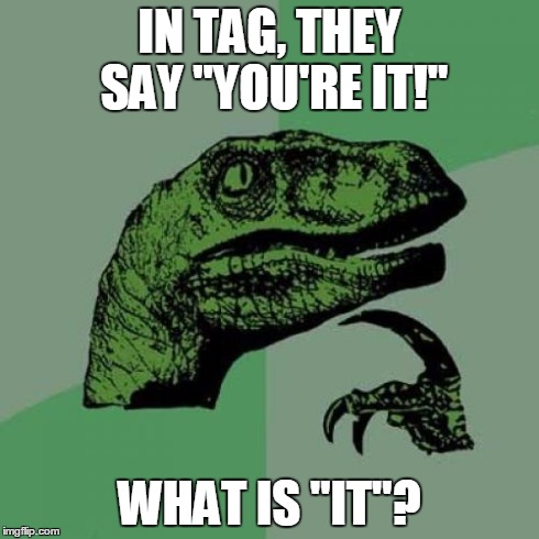 Philosoraptor Meme | IN TAG, THEY SAY "YOU'RE IT!" WHAT IS "IT"? | image tagged in memes,philosoraptor | made w/ Imgflip meme maker