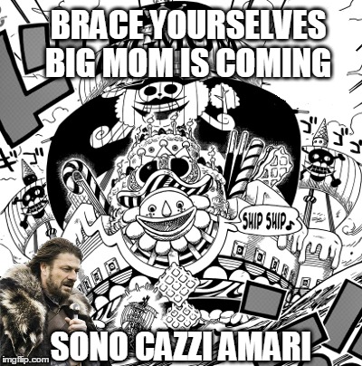 BRACE YOURSELVES 
BIG MOM IS COMING SONO CAZZI AMARI | made w/ Imgflip meme maker