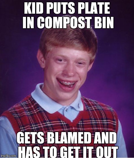 Bad Luck Brian Meme | KID PUTS PLATE IN COMPOST BIN GETS BLAMED AND HAS TO GET IT OUT | image tagged in memes,bad luck brian | made w/ Imgflip meme maker