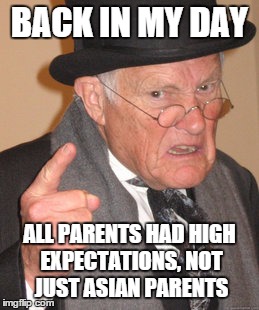 Back In My Day Meme | BACK IN MY DAY ALL PARENTS HAD HIGH EXPECTATIONS, NOT JUST ASIAN PARENTS | image tagged in memes,back in my day | made w/ Imgflip meme maker