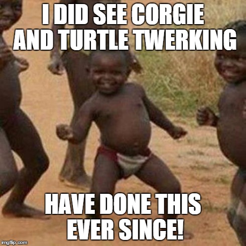 Third World Success Kid Meme | I DID SEE CORGIE AND TURTLE TWERKING HAVE DONE THIS EVER SINCE! | image tagged in memes,third world success kid | made w/ Imgflip meme maker