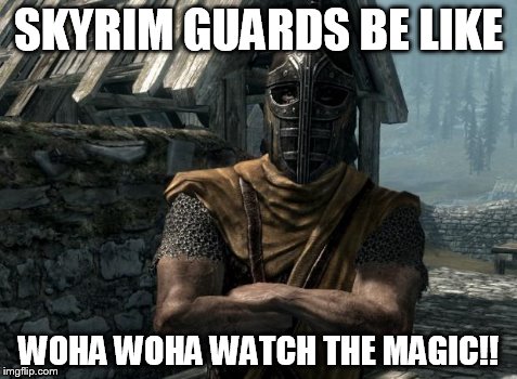 Skyrim guards be like | SKYRIM GUARDS BE LIKE WOHA WOHA WATCH THE MAGIC!! | image tagged in skyrim guards be like | made w/ Imgflip meme maker