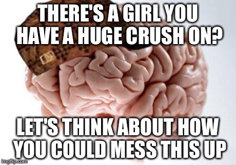 This is so annoying... | THERE'S A GIRL YOU HAVE A HUGE CRUSH ON? LET'S THINK ABOUT HOW YOU COULD MESS THIS UP | image tagged in scumbag brain | made w/ Imgflip meme maker