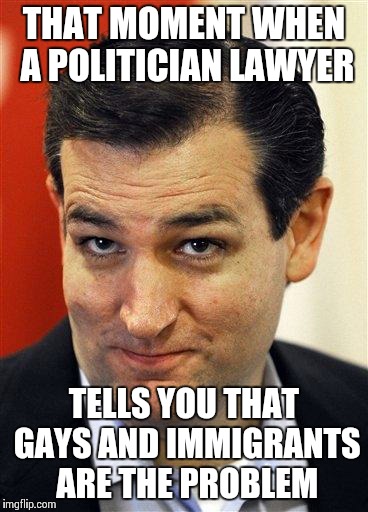Bashful Ted Cruz | THAT MOMENT WHEN A POLITICIAN LAWYER TELLS YOU THAT GAYS AND IMMIGRANTS ARE THE PROBLEM | image tagged in bashful ted cruz | made w/ Imgflip meme maker