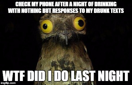 Weird Stuff I Do Potoo | CHECK MY PHONE AFTER
A NIGHT OF DRINKING WITH NOTHING BUT RESPONSES TO MY DRUNK TEXTS WTF DID I DO LAST NIGHT | image tagged in memes,weird stuff i do potoo | made w/ Imgflip meme maker