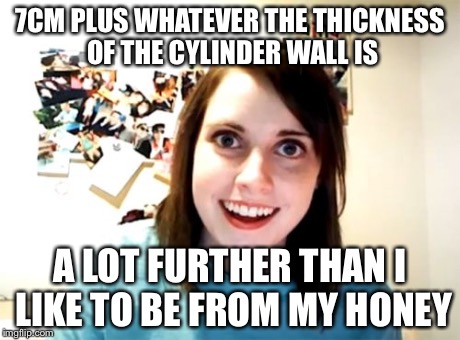 Overly Attached Girlfriend Meme | 7CM PLUS WHATEVER THE THICKNESS OF THE CYLINDER WALL IS A LOT FURTHER THAN I LIKE TO BE FROM MY HONEY | image tagged in memes,overly attached girlfriend | made w/ Imgflip meme maker