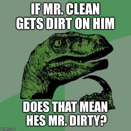 Philosoraptor | IF MR. CLEAN GETS DIRT ON HIM DOES THAT MEAN HES MR. DIRTY? | image tagged in memes,philosoraptor | made w/ Imgflip meme maker