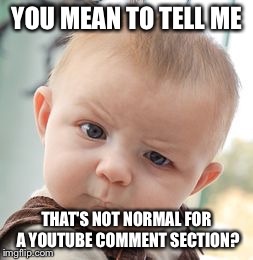 Skeptical Baby Meme | YOU MEAN TO TELL ME THAT'S NOT NORMAL FOR A YOUTUBE COMMENT SECTION? | image tagged in memes,skeptical baby | made w/ Imgflip meme maker