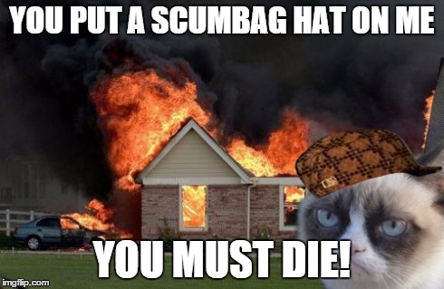 Burn Kitty Meme | YOU PUT A SCUMBAG HAT ON ME YOU MUST DIE! | image tagged in memes,burn kitty,scumbag | made w/ Imgflip meme maker