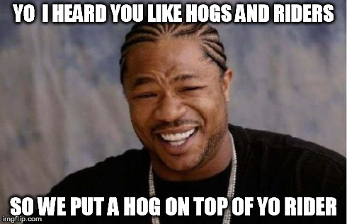Yo Dawg Heard You | YO  I HEARD YOU LIKE HOGS AND RIDERS SO WE PUT A HOG ON TOP OF YO RIDER | image tagged in memes,yo dawg heard you | made w/ Imgflip meme maker
