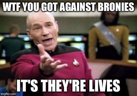 Picard Wtf Meme | WTF YOU GOT AGAINST BRONIES IT'S THEY'RE LIVES | image tagged in memes,picard wtf | made w/ Imgflip meme maker