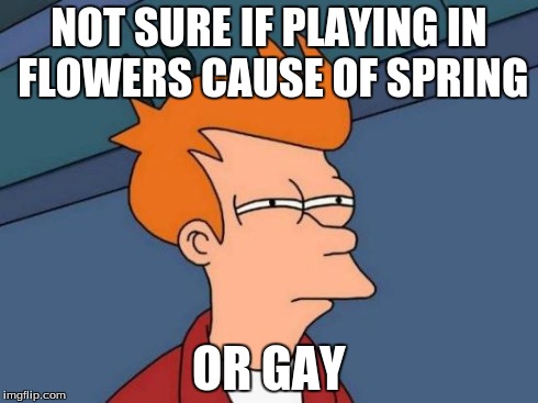 Futurama Fry Meme | NOT SURE IF PLAYING IN FLOWERS CAUSE OF SPRING OR GAY | image tagged in memes,futurama fry | made w/ Imgflip meme maker