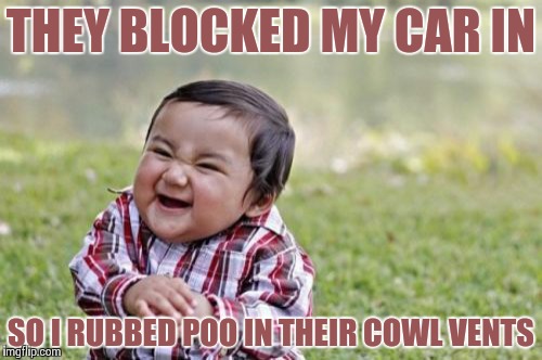 Evil Toddler Meme | THEY BLOCKED MY CAR IN SO I RUBBED POO IN THEIR COWL VENTS | image tagged in memes,evil toddler | made w/ Imgflip meme maker