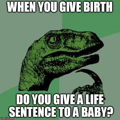 Philosoraptor | WHEN YOU GIVE BIRTH DO YOU GIVE A LIFE SENTENCE TO A BABY? | image tagged in memes,philosoraptor | made w/ Imgflip meme maker