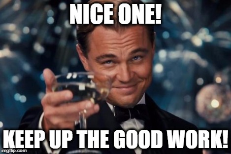 Leonardo Dicaprio Cheers Meme | NICE ONE! KEEP UP THE GOOD WORK! | image tagged in memes,leonardo dicaprio cheers | made w/ Imgflip meme maker