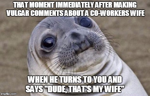 Awkward Moment Sealion Meme | THAT MOMENT IMMEDIATELY AFTER MAKING VULGAR COMMENTS ABOUT A CO-WORKERS WIFE WHEN HE TURNS TO YOU AND SAYS "DUDE, THAT'S MY WIFE" | image tagged in memes,awkward moment sealion | made w/ Imgflip meme maker