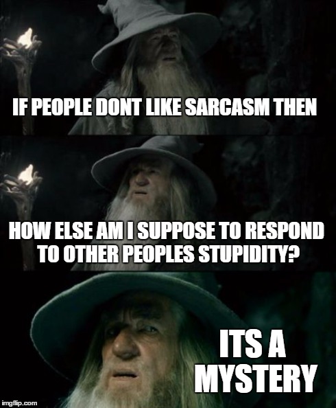 Confused Gandalf Meme | IF PEOPLE DONT LIKE SARCASM THEN HOW ELSE AM I SUPPOSE TO RESPOND TO OTHER PEOPLES STUPIDITY? ITS A MYSTERY | image tagged in memes,confused gandalf | made w/ Imgflip meme maker