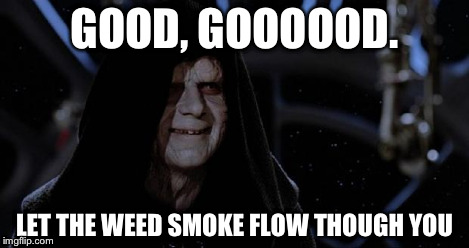 sith lord | GOOD, GOOOOOD. LET THE WEED SMOKE FLOW THOUGH YOU | image tagged in sith lord | made w/ Imgflip meme maker