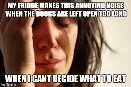 First World Problems | MY FRIDGE MAKES THIS ANNOYING NOISE WHEN THE DOORS ARE LEFT OPEN TOO LONG WHEN I CANT DECIDE WHAT TO EAT | image tagged in memes,first world problems | made w/ Imgflip meme maker