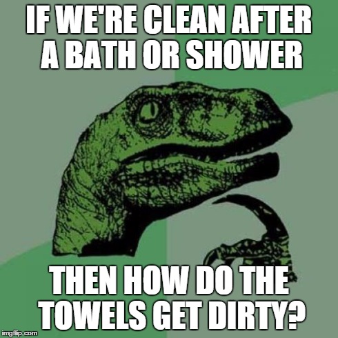 Philosoraptor | IF WE'RE CLEAN AFTER A BATH OR SHOWER THEN HOW DO THE TOWELS GET DIRTY? | image tagged in memes,philosoraptor | made w/ Imgflip meme maker