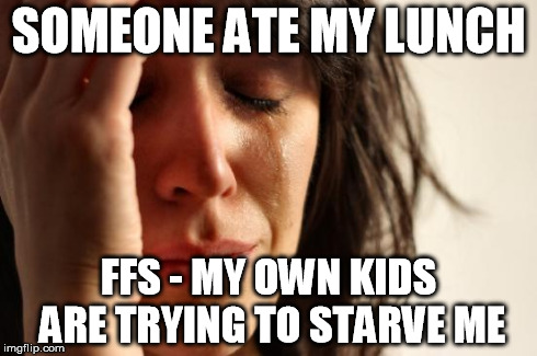 First World Problems | SOMEONE ATE MY LUNCH FFS - MY OWN KIDS ARE TRYING TO STARVE ME | image tagged in memes,first world problems | made w/ Imgflip meme maker