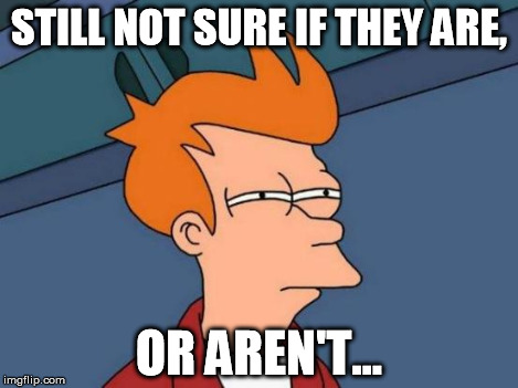 STILL NOT SURE IF THEY ARE, OR AREN'T... | image tagged in memes,futurama fry | made w/ Imgflip meme maker