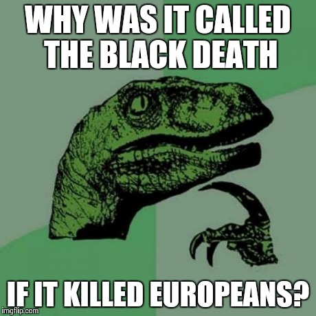 Philosoraptor | WHY WAS IT CALLED THE BLACK DEATH IF IT KILLED EUROPEANS? | image tagged in memes,philosoraptor,death,funny | made w/ Imgflip meme maker