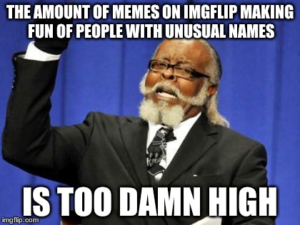 Too Damn High Meme | THE AMOUNT OF MEMES ON IMGFLIP MAKING FUN OF PEOPLE WITH UNUSUAL NAMES IS TOO DAMN HIGH | image tagged in memes,too damn high | made w/ Imgflip meme maker