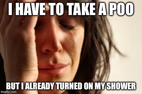 First World Problems | I HAVE TO TAKE A POO BUT I ALREADY TURNED ON MY SHOWER | image tagged in memes,first world problems | made w/ Imgflip meme maker
