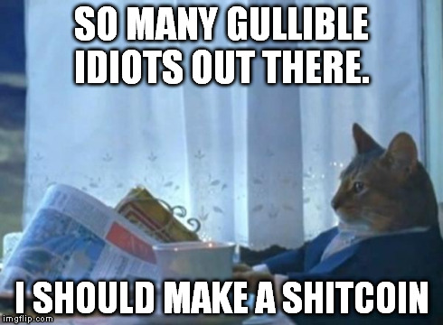 Investment cat. I should make a shitcoin, | SO MANY GULLIBLE IDIOTS OUT THERE. I SHOULD MAKE A SHITCOIN | image tagged in investment cat newspaper,bitcoin,shitcoin,crypto,currency,cat | made w/ Imgflip meme maker