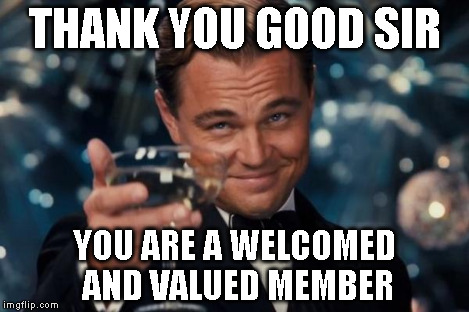Leonardo Dicaprio Cheers Meme | THANK YOU GOOD SIR YOU ARE A WELCOMED AND VALUED MEMBER | image tagged in memes,leonardo dicaprio cheers | made w/ Imgflip meme maker